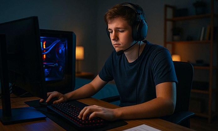 Conteúdo sobre lag: Garoto mexendo no computador em seu quarto com fone de ouvido