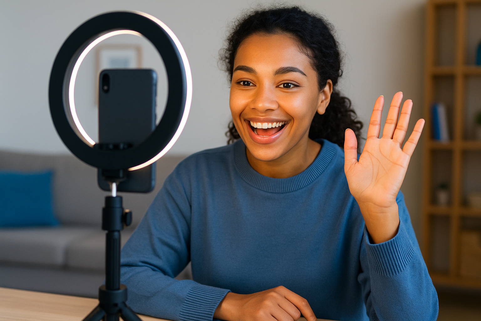 Conteúdo de Internet para live. Menina preta de cabelos amarrados, usando uma blusa de frio na cor azul, dando tchau para a camera do celular presa o pedestral de um ringlight