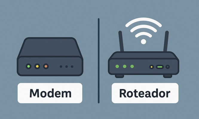 Conteúdo sobre diferença entre modem e roteador. Imagem com fundo cinza claro. Nela contem um modem, aparelho quadrado com luzes na frente. No lado esquerdo, dividindo a tela, tem um roteador no lado direito. Ele é um aparelho é retangular que possui uma 2 antenas, posicionadas nas extremidades traseira.