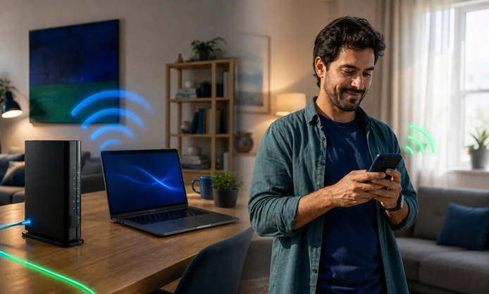 A diferença de internet fixa e móvel. Homem está numa sala manuseando um celular e atrás dele uma imagem de um notebook. Ao lado um aparelho emitindo sinal de wi-fi